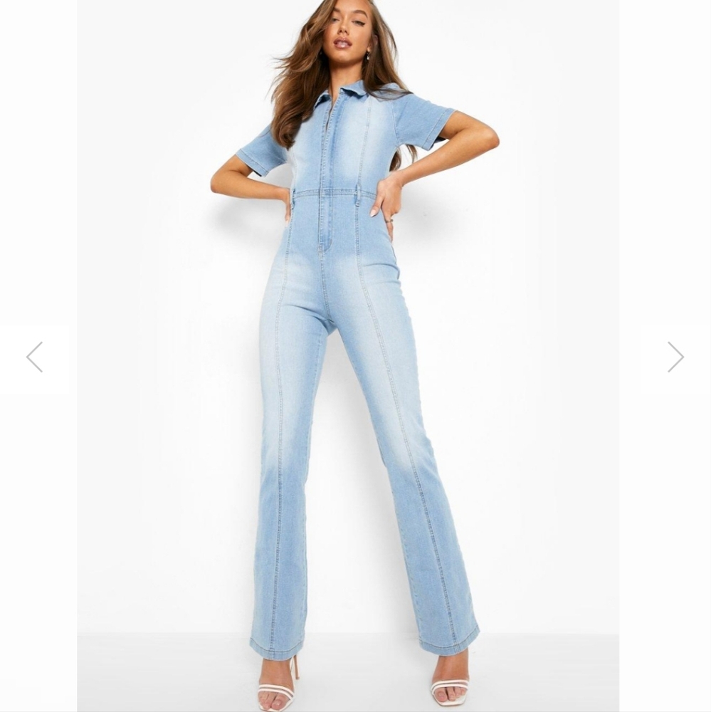 Boohoo Blue Stone Wash Stretch Denim Flared Jumpsuit